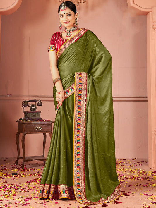 Mehendi Green georgette & Embroidered Border - Ressa