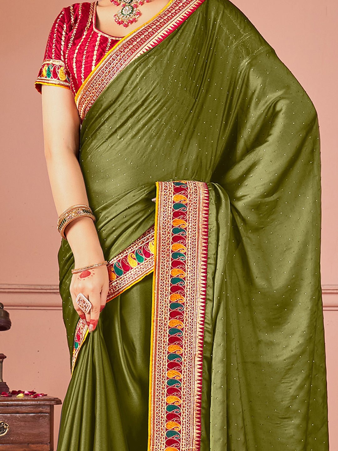 Mehendi Green georgette & Embroidered Border - Ressa