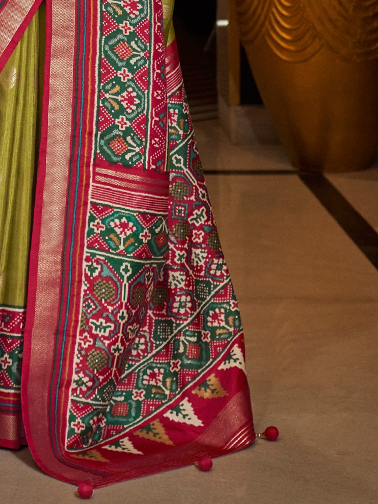 Mehendi Green & Maroon Silk Blend Patola Print Zari Woven Border saree - Ressa