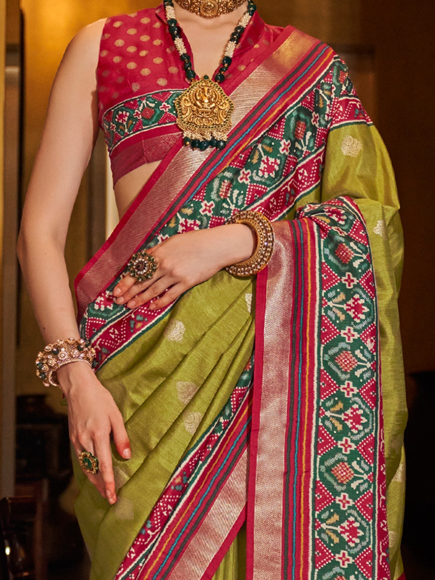 Mehendi Green & Maroon Silk Blend Patola Print Zari Woven Border saree - Ressa