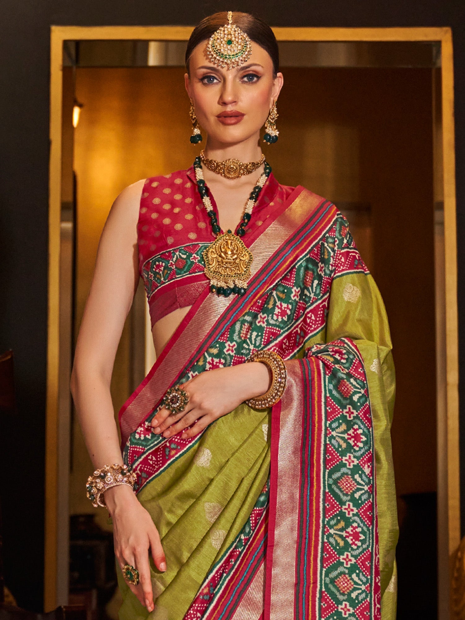 Mehendi Green & Maroon Silk Blend Patola Print Zari Woven Border saree - Ressa