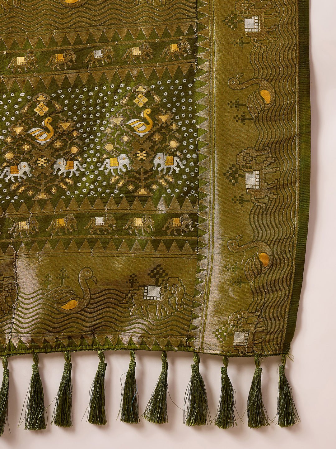 Mehendi Green Patola Style Silk Blend Zari Border saree - Ressa
