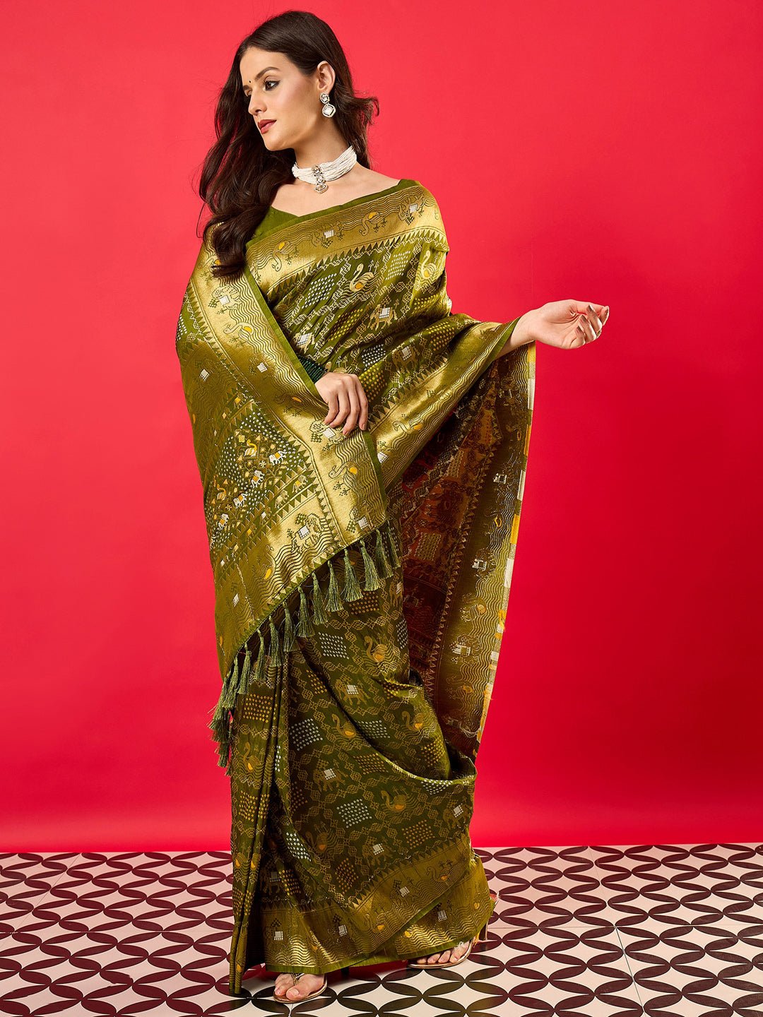 Mehendi Green Patola Style Silk Blend Zari Border saree - Ressa