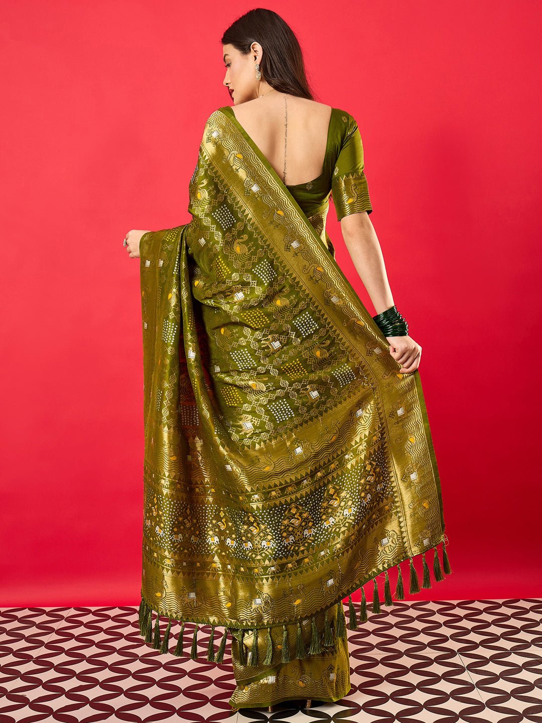 Mehendi Green Patola Style Silk Blend Zari Border saree - Ressa