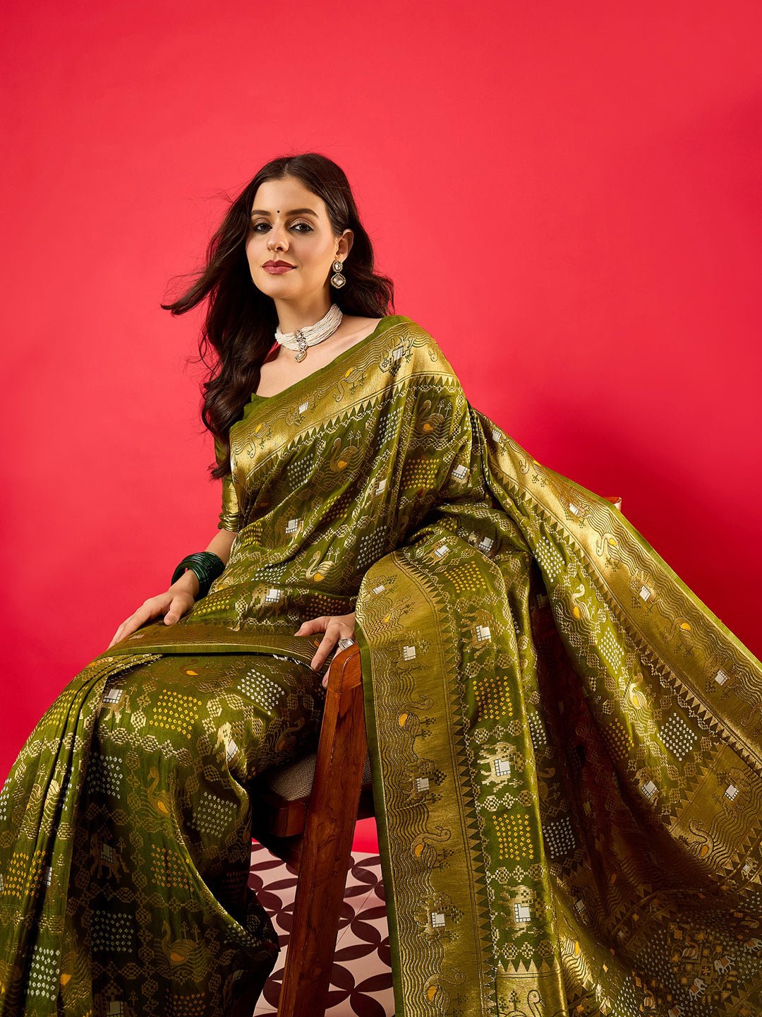 Mehendi Green Patola Style Silk Blend Zari Border saree - Ressa