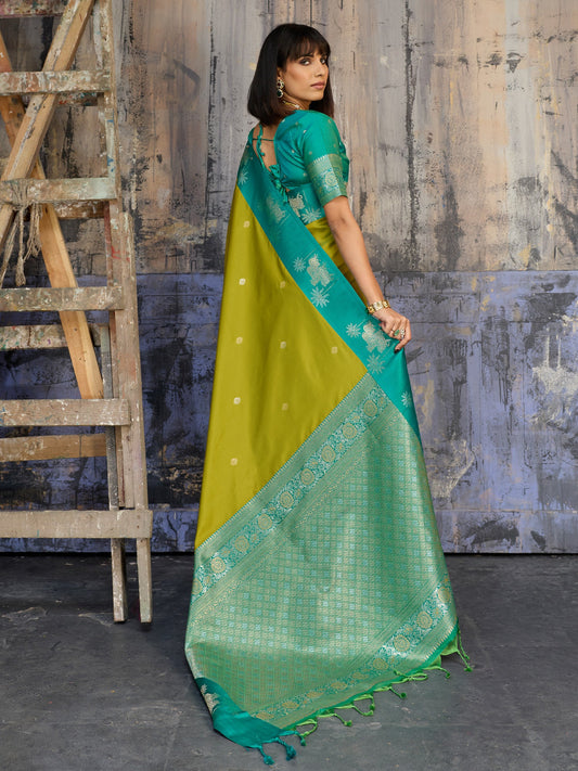 Mehendi Green & Teal Banarasi Silk Blend Saree - Ressa