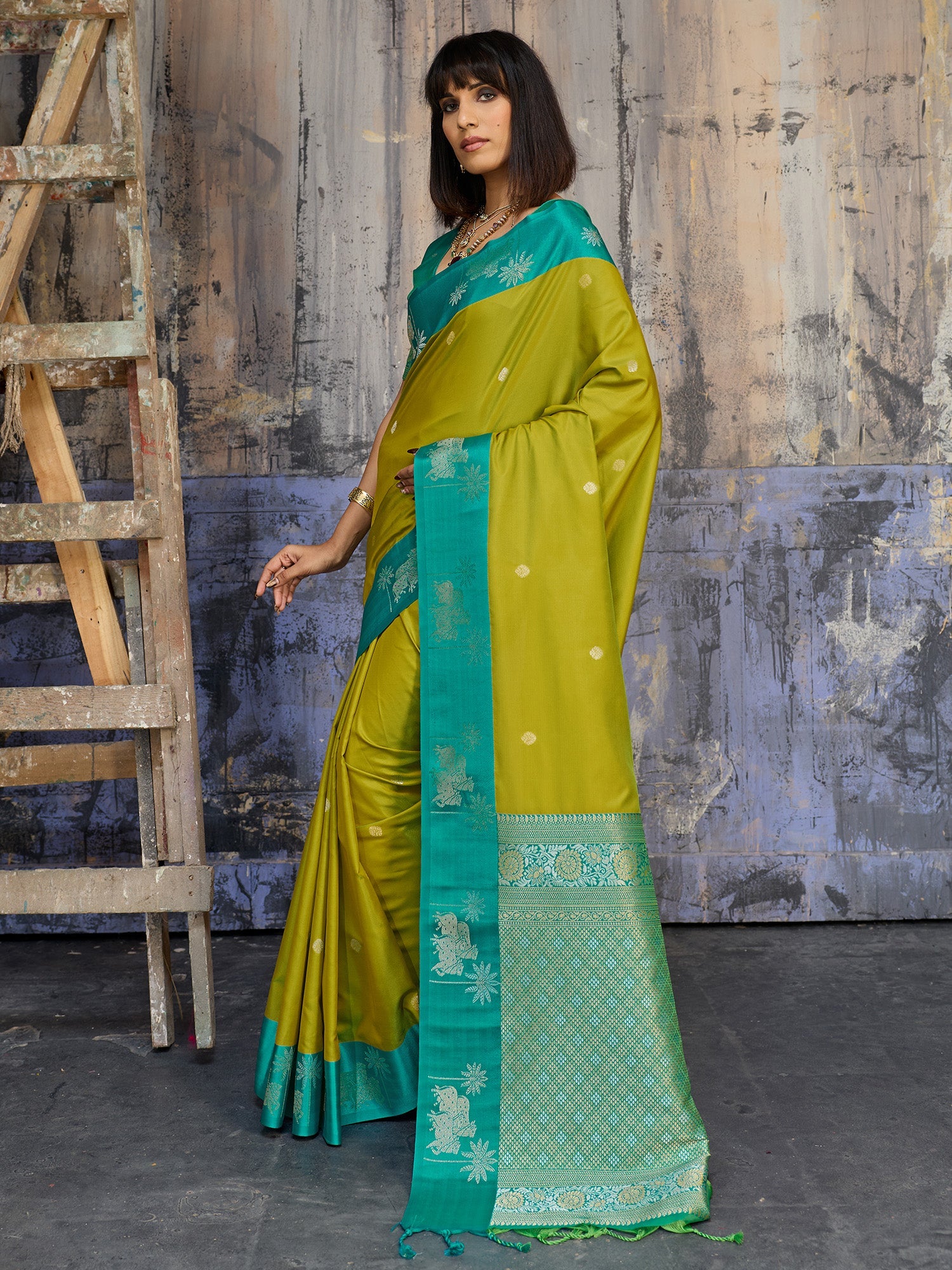 Mehendi Green & Teal Banarasi Silk Blend Saree - Ressa