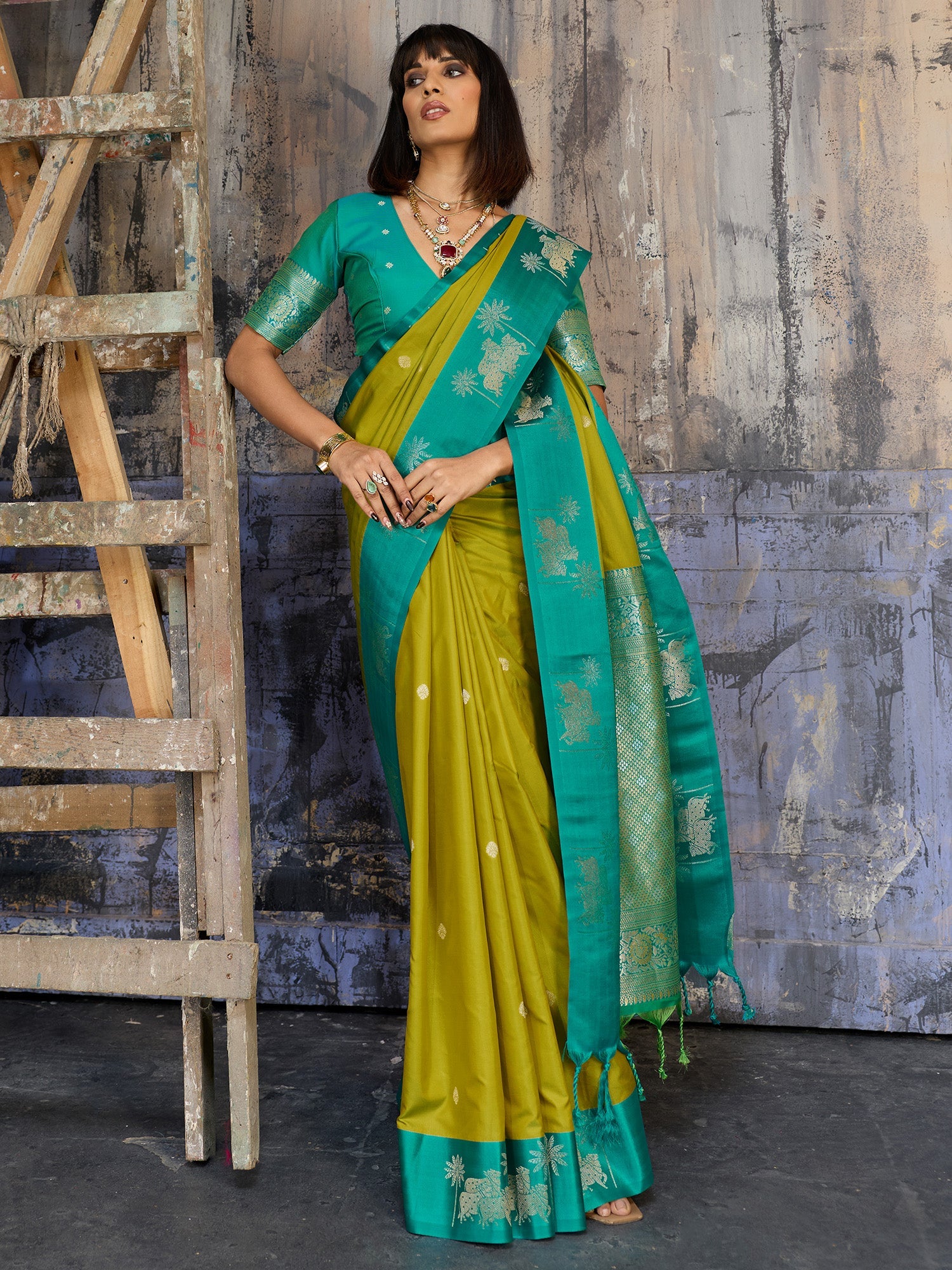 Mehendi Green & Teal Banarasi Silk Blend Saree - Ressa