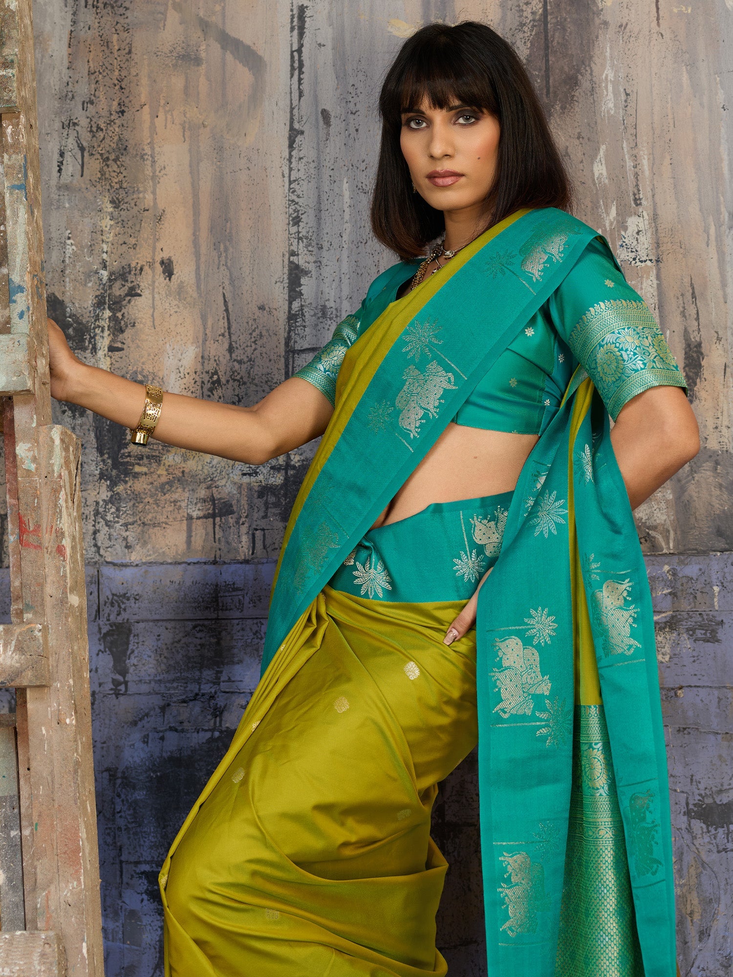 Mehendi Green & Teal Banarasi Silk Blend Saree - Ressa
