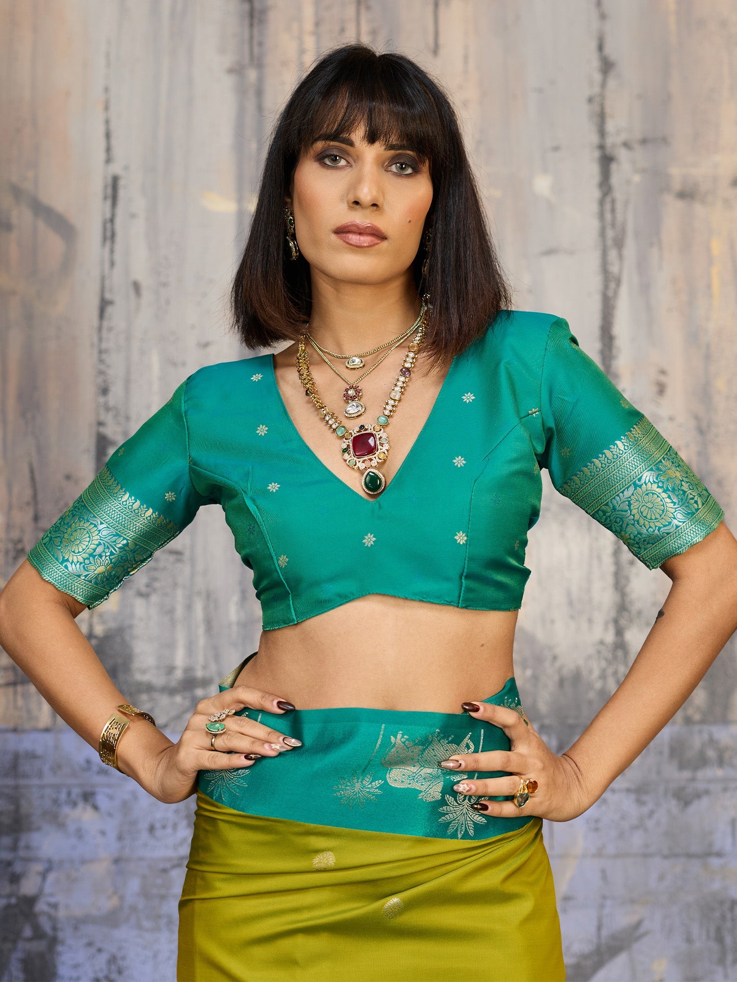 Mehendi Green & Teal Banarasi Silk Blend Saree - Ressa