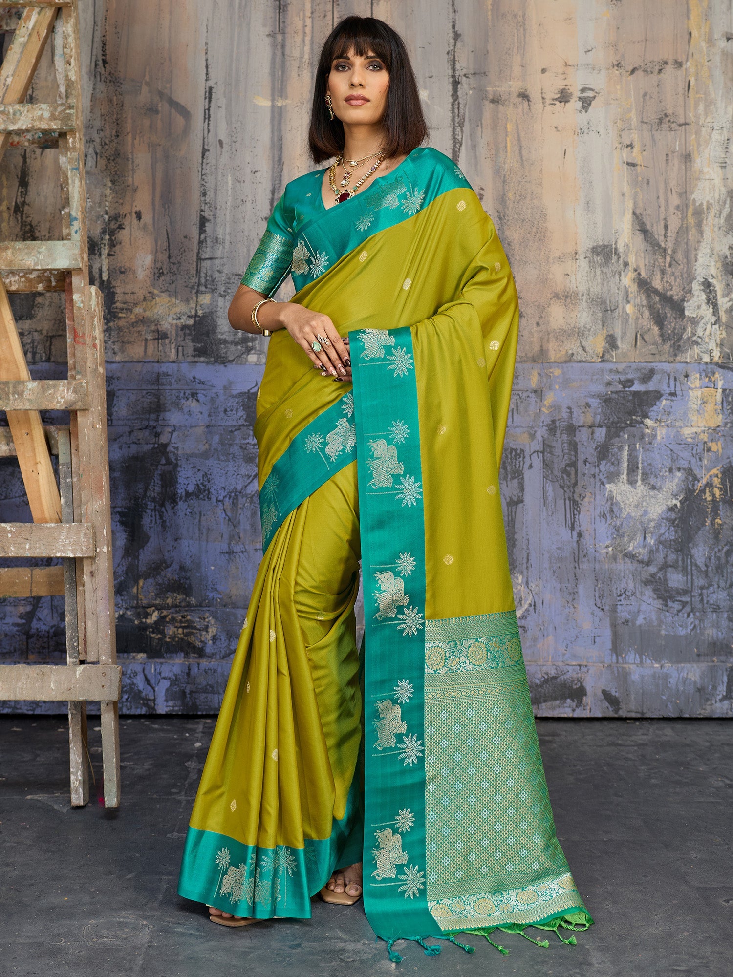 Mehendi Green & Teal Banarasi Silk Blend Saree - Ressa