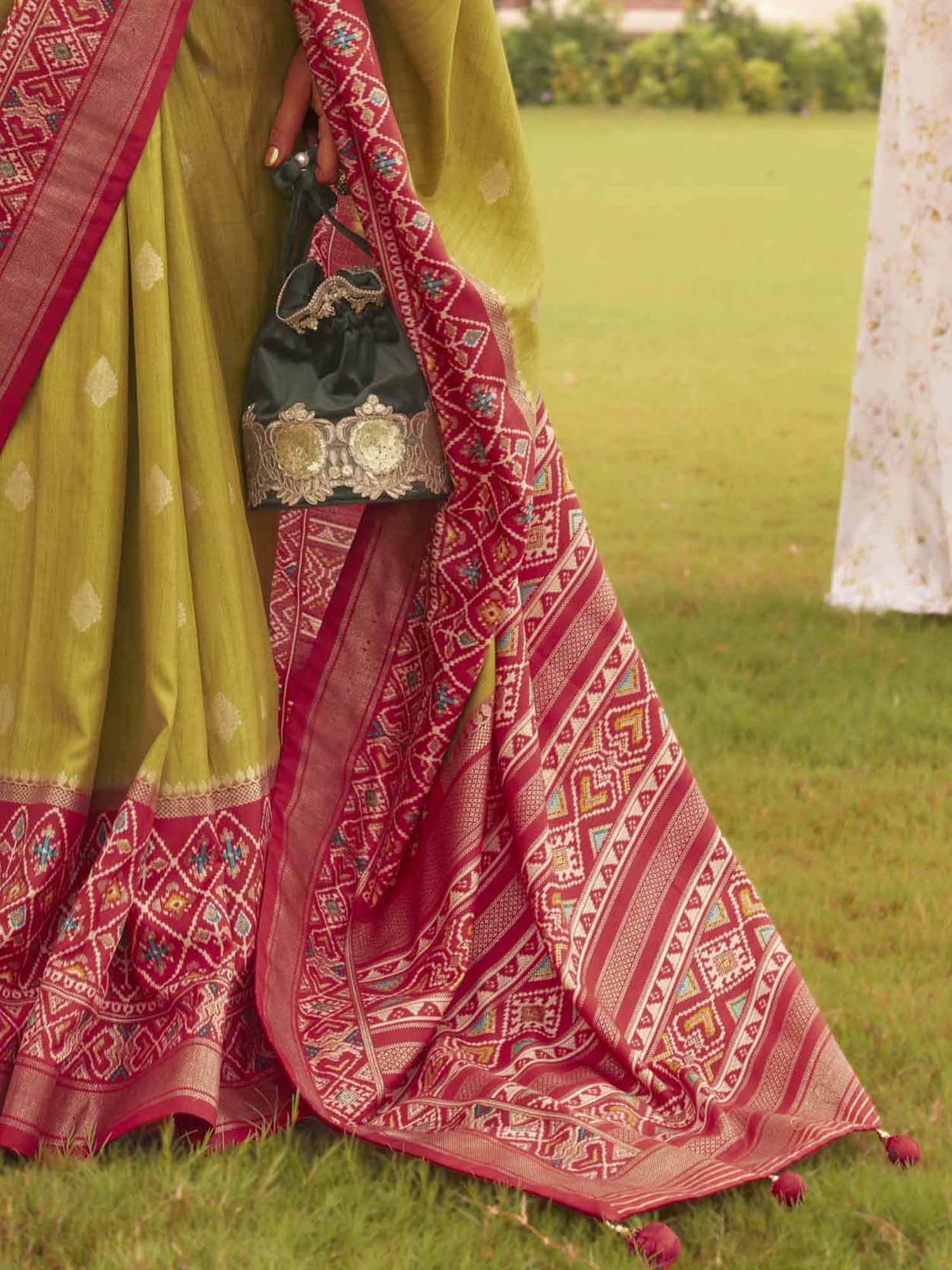 Mehndi Green & Crimson Red Patola Silk Saree - Ressa
