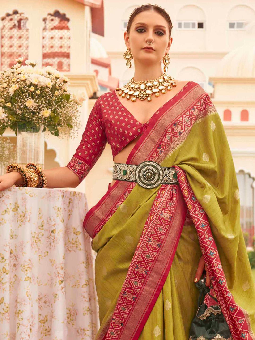 Mehndi Green & Crimson Red Patola Silk Saree - Ressa