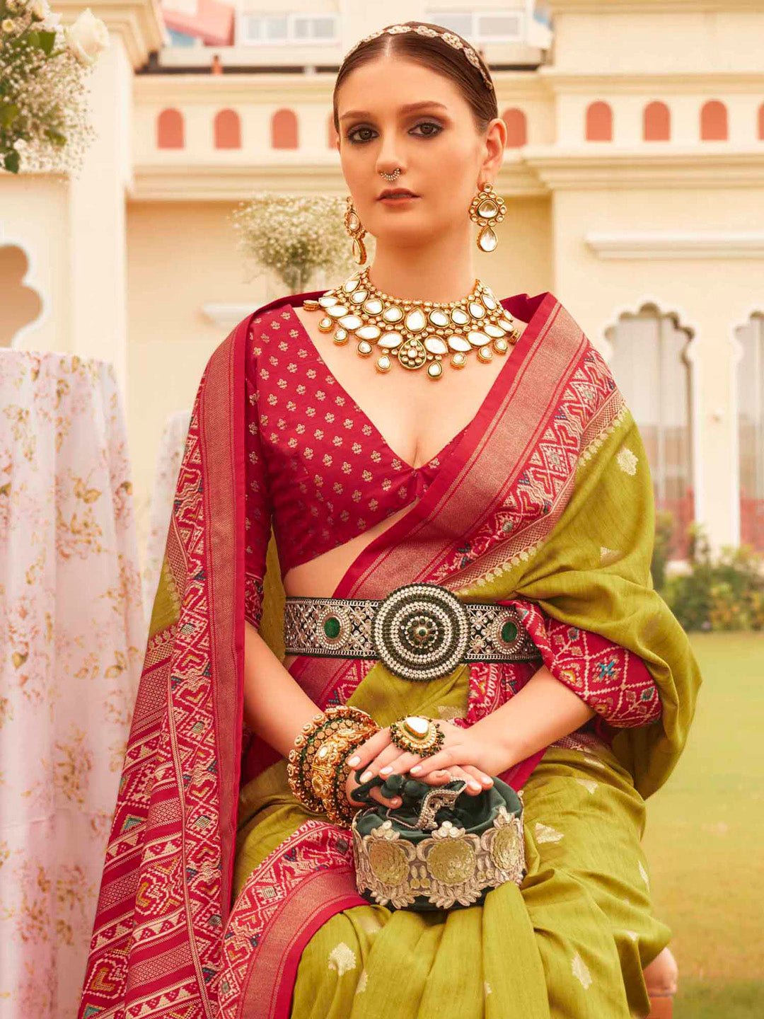 Mehndi Green & Crimson Red Patola Silk Saree - Ressa