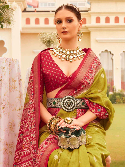 Mehndi Green & Crimson Red Patola Silk Saree - Ressa