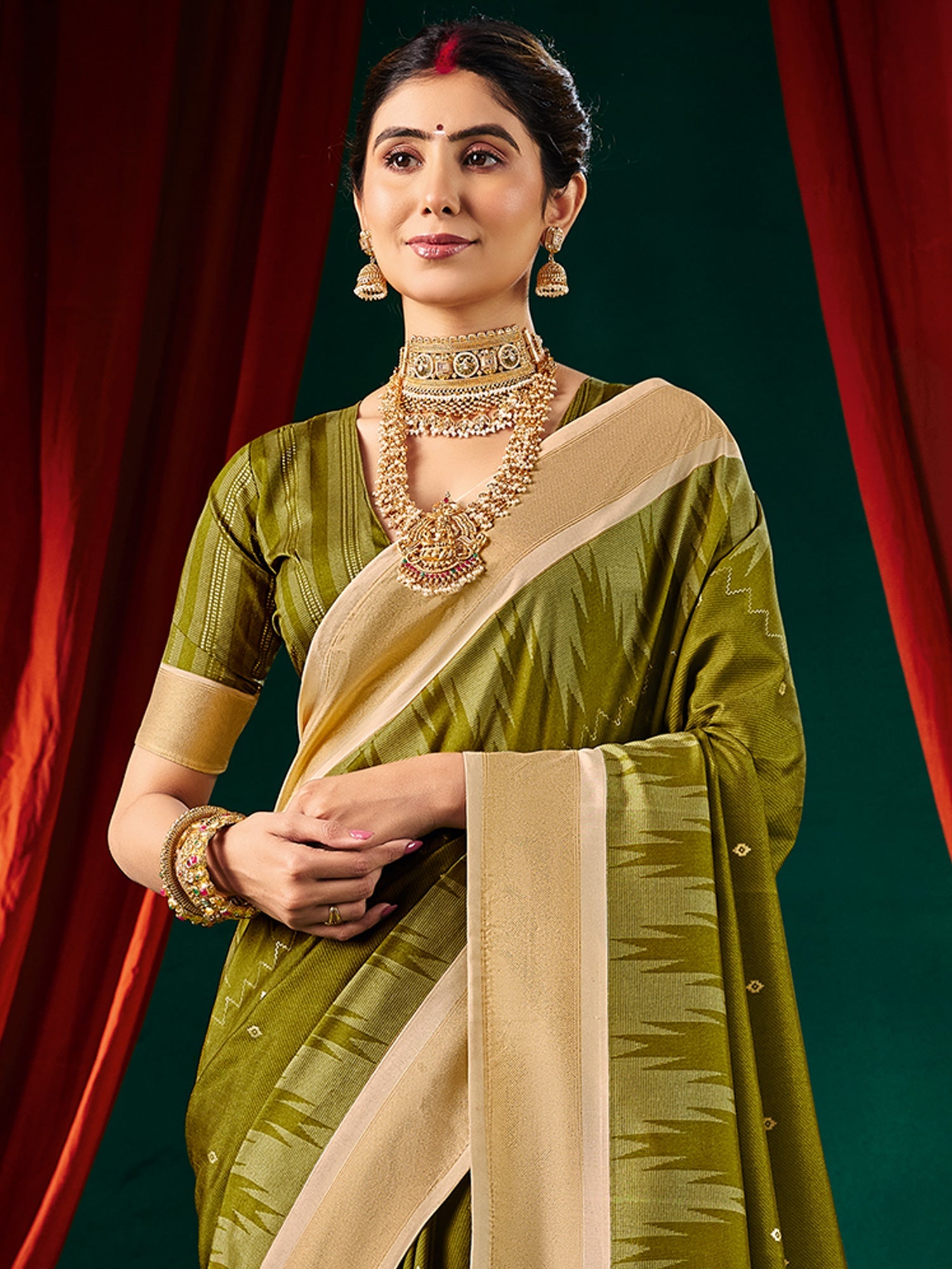 Mehndi Green Ikkat Silk Saree with Cream Zari Border - Ressa
