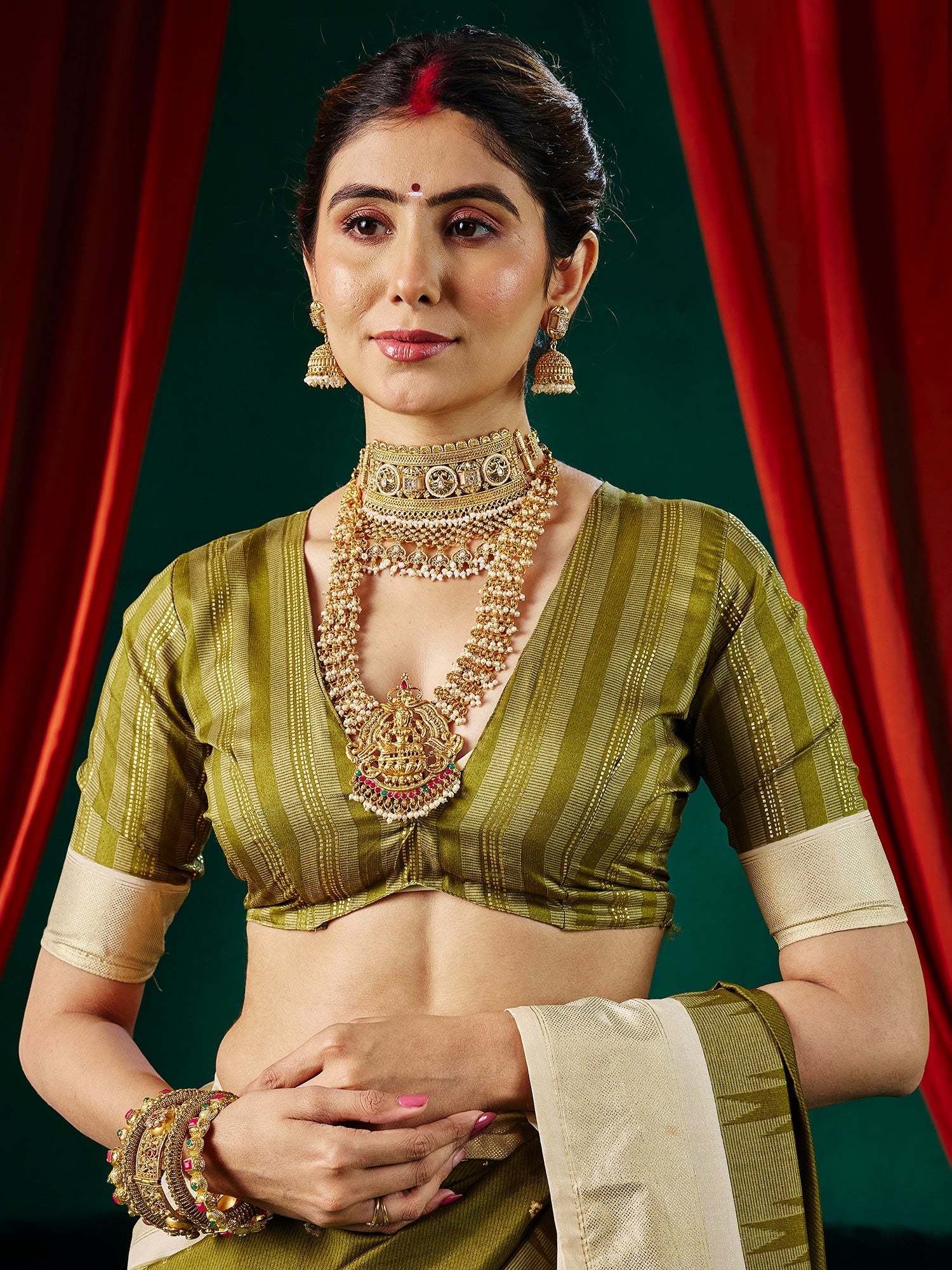Mehndi Green Ikkat Silk Saree with Cream Zari Border - Ressa
