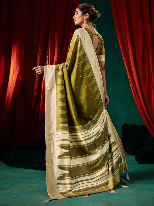 Mehndi Green Ikkat Silk Saree with Cream Zari Border - Ressa