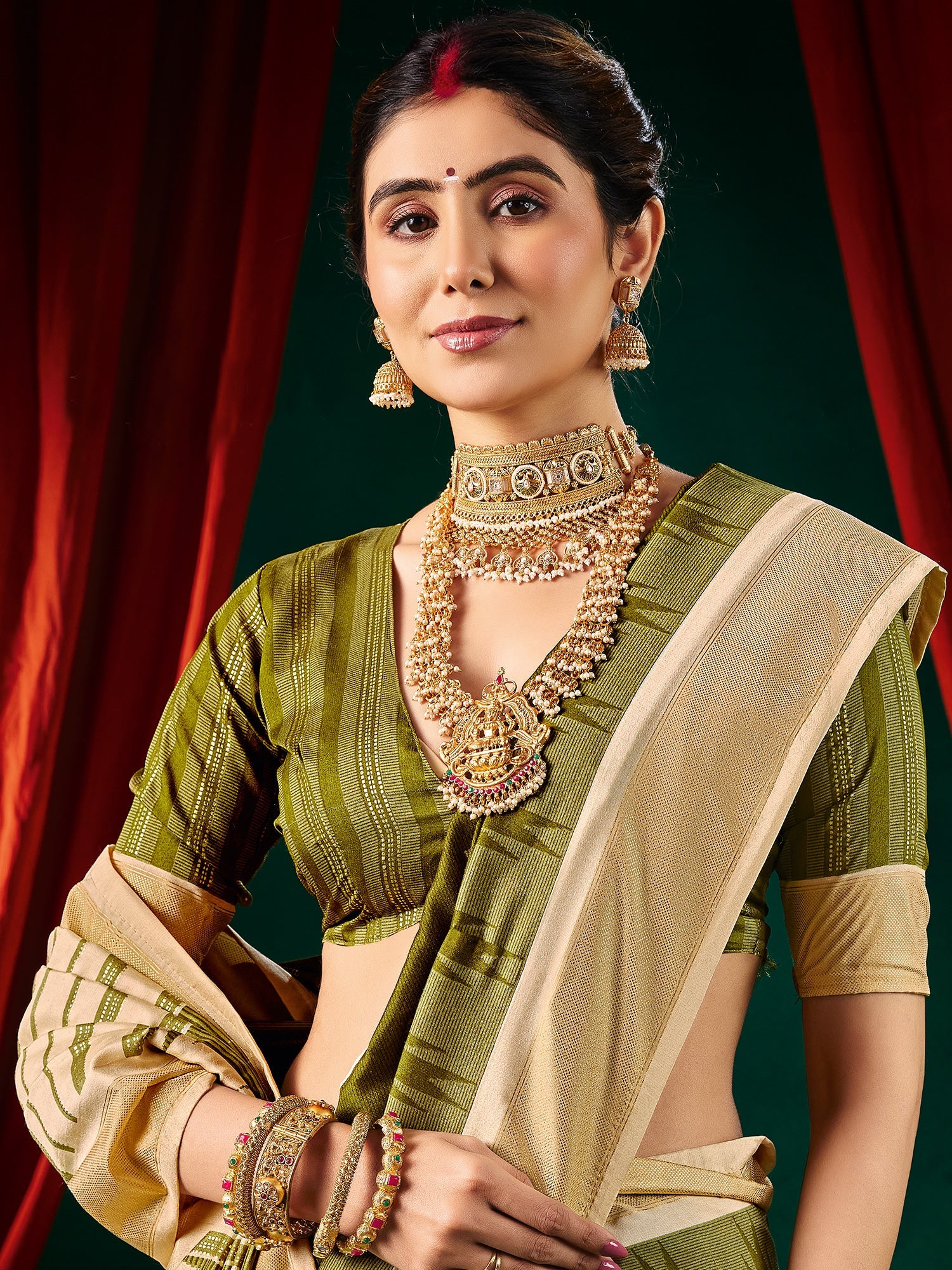 Mehndi Green Ikkat Silk Saree with Cream Zari Border - Ressa
