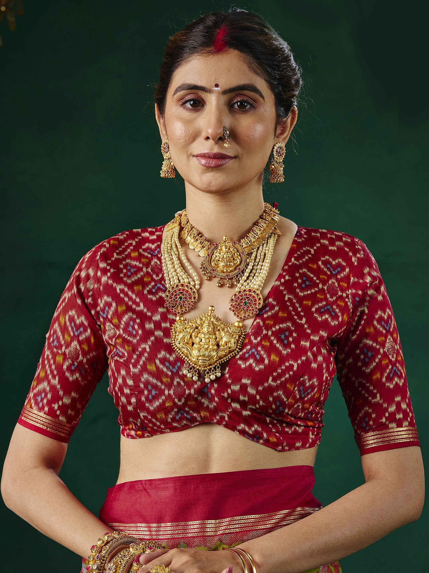 Mehndi Green & Maroon Patola Silk Saree with Ikat Weave - Ressa