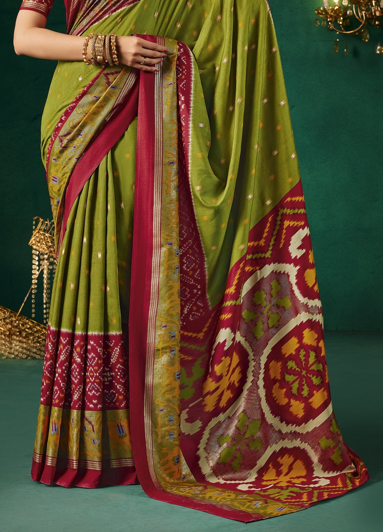 Mehndi Green & Maroon Patola Silk Saree with Ikat Weave - Ressa