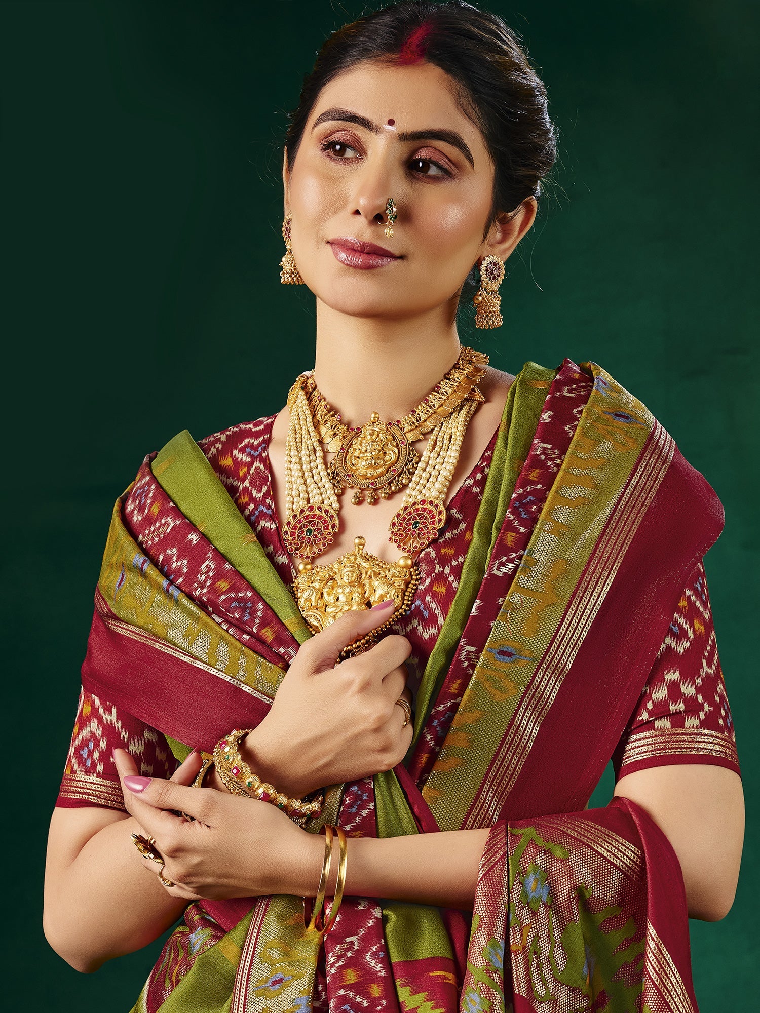 Mehndi Green & Maroon Patola Silk Saree with Ikat Weave - Ressa