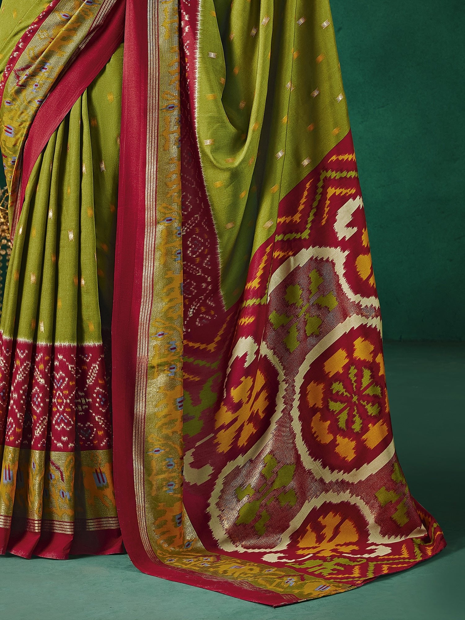 Mehndi Green & Maroon Patola Silk Saree with Ikat Weave - Ressa