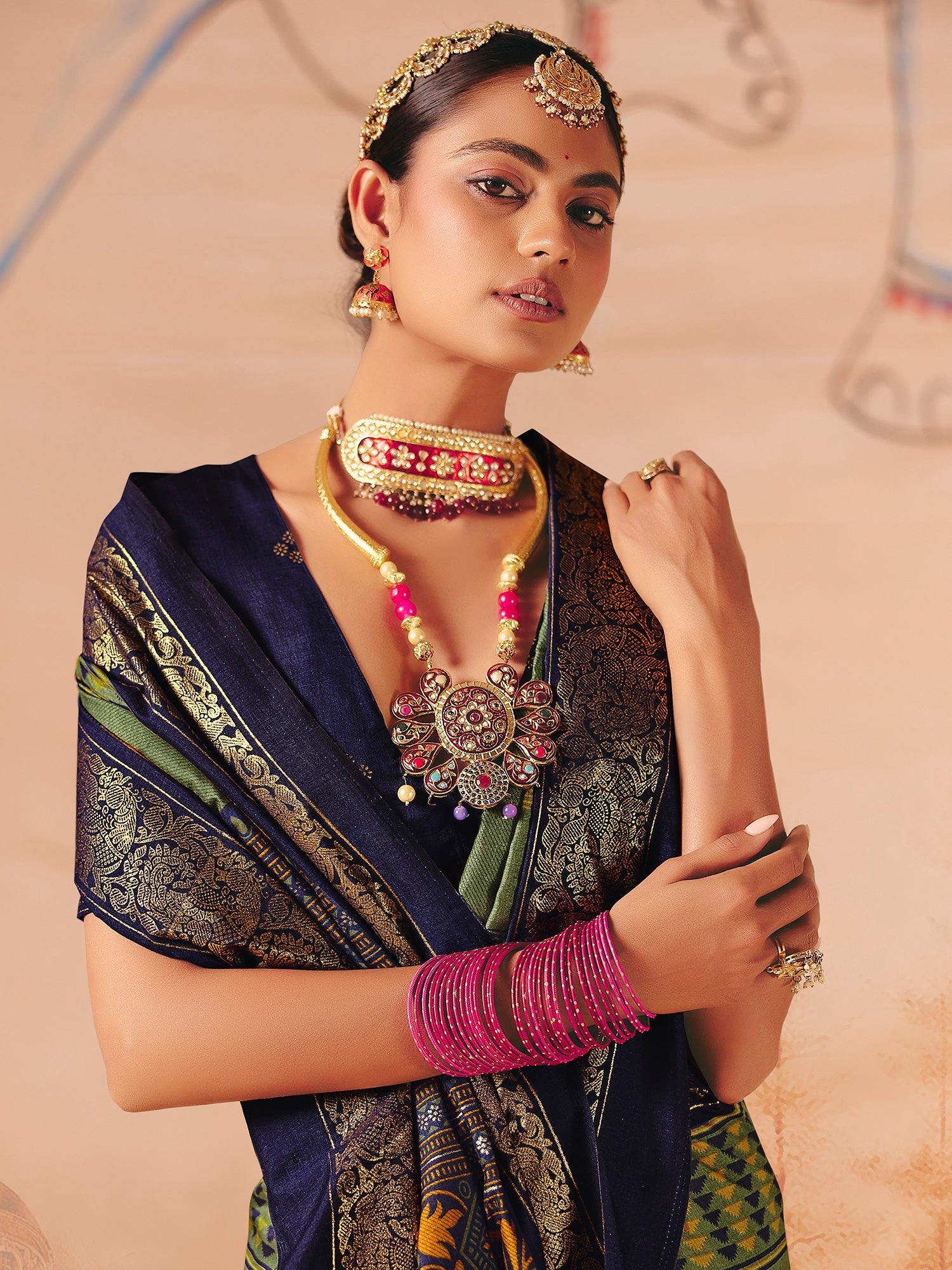 Mehndi Green & Navy Blue Silk Saree - Ressa