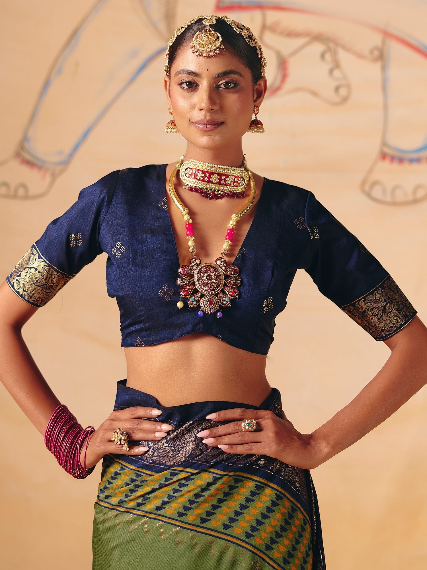 Mehndi Green & Navy Blue Silk Saree - Ressa