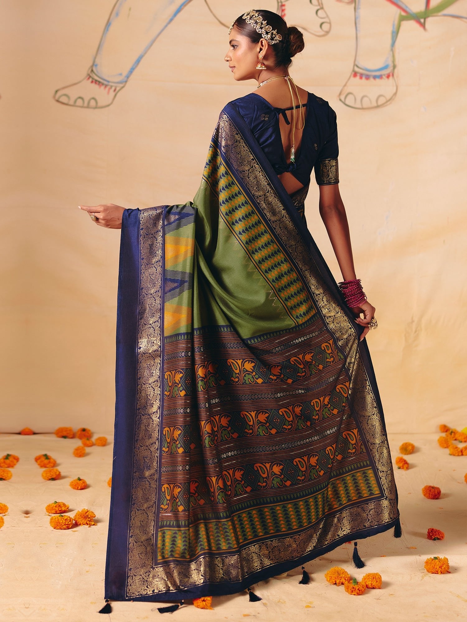 Mehndi Green & Navy Blue Silk Saree - Ressa