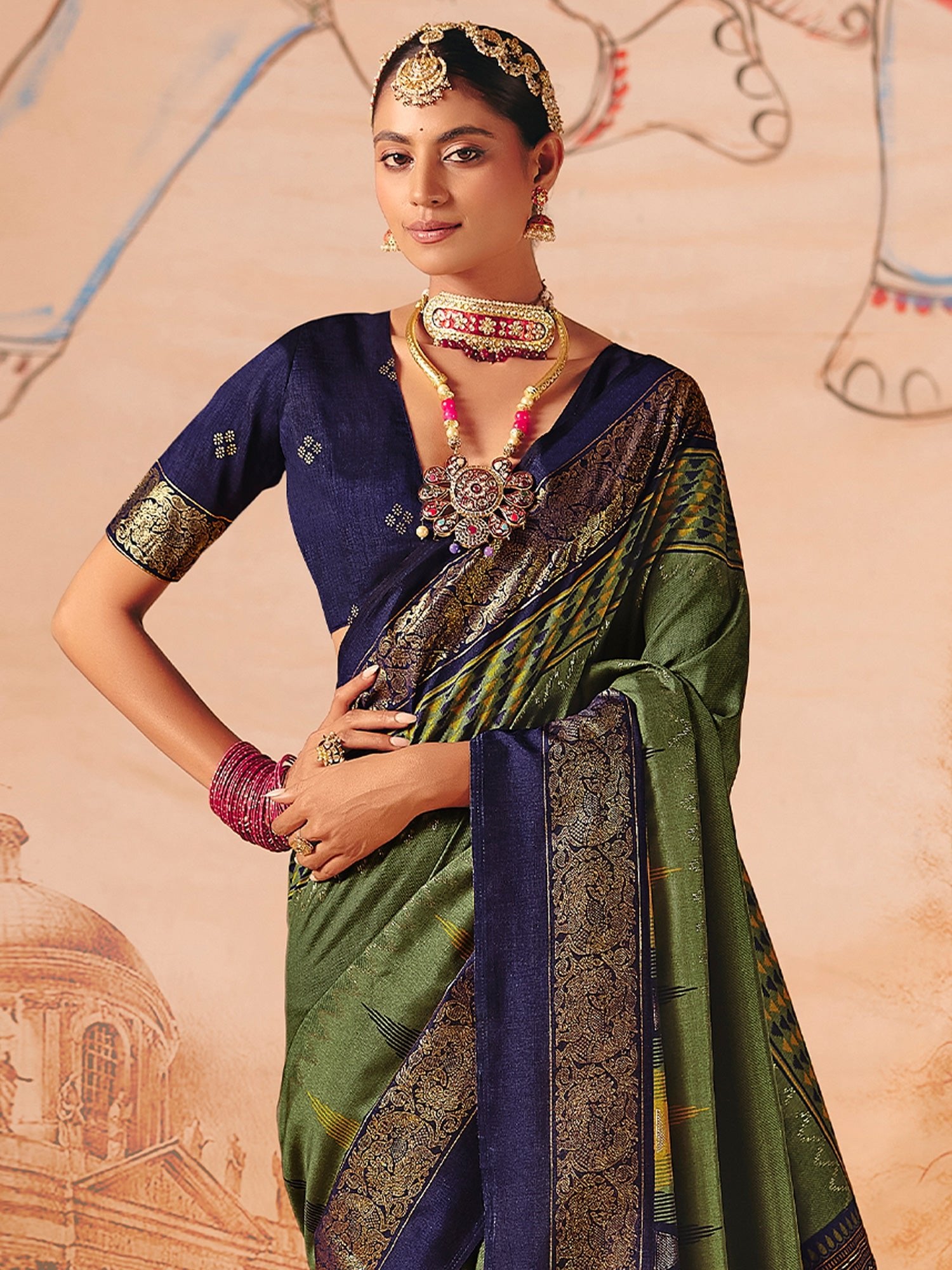 Mehndi Green & Navy Blue Silk Saree - Ressa