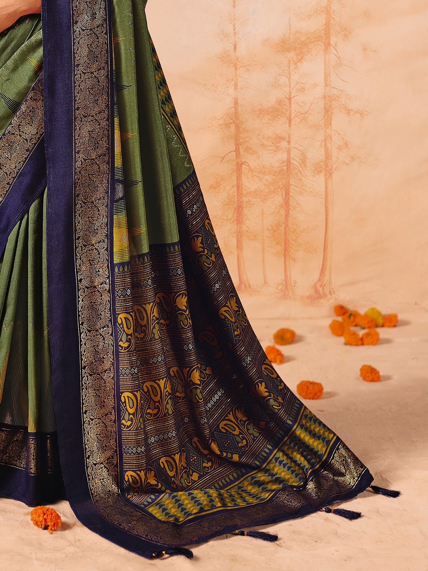 Mehndi Green & Navy Blue Silk Saree - Ressa