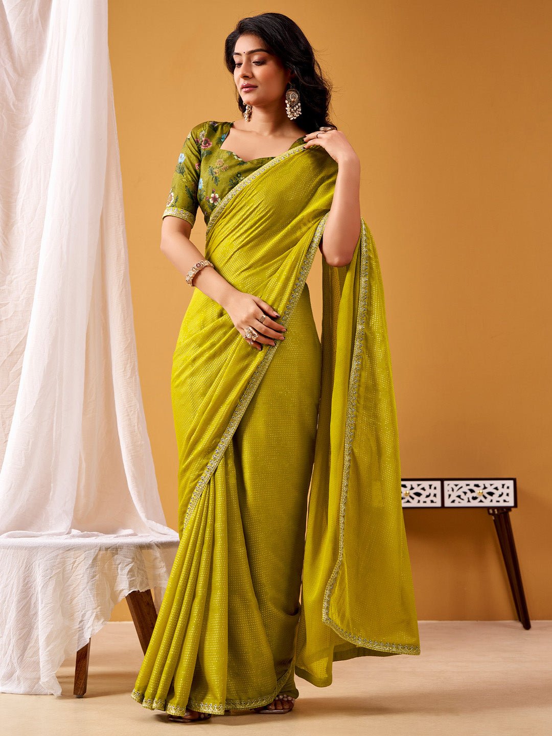 Mehndi Green Silk Saree with Floral Printed Blouse - Ressa