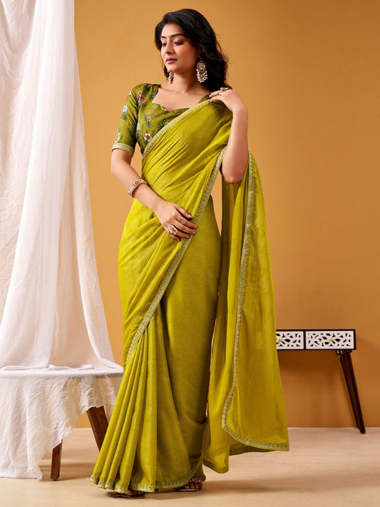Mehndi Green Silk Saree with Floral Printed Blouse - Ressa