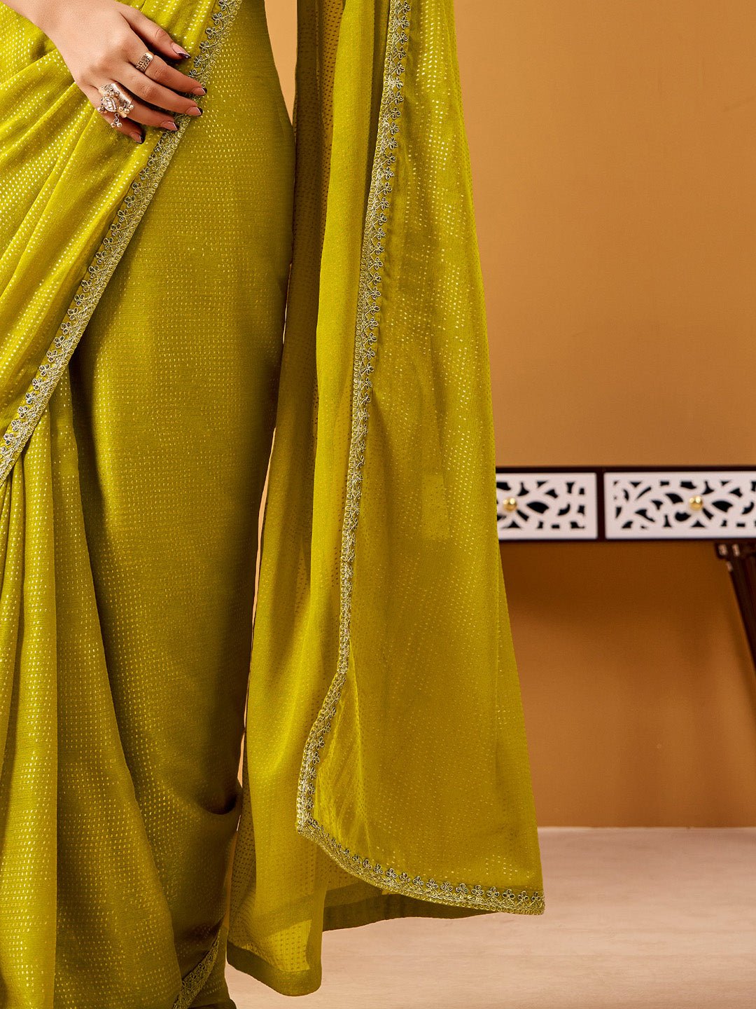 Mehndi Green Silk Saree with Floral Printed Blouse - Ressa