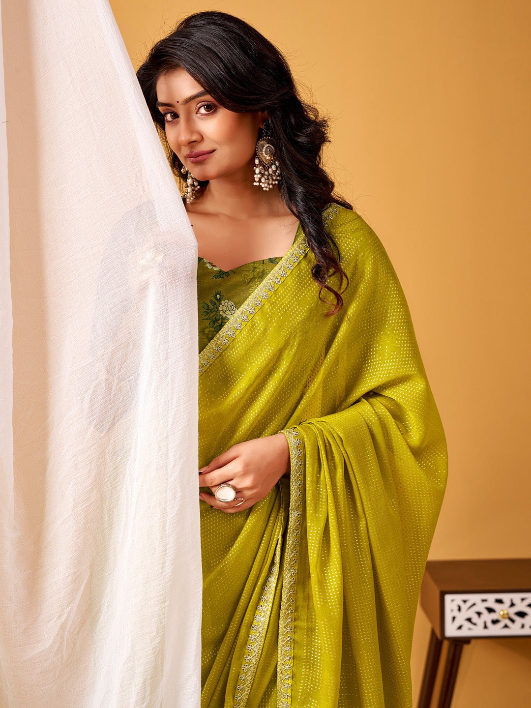 Mehndi Green Silk Saree with Floral Printed Blouse - Ressa