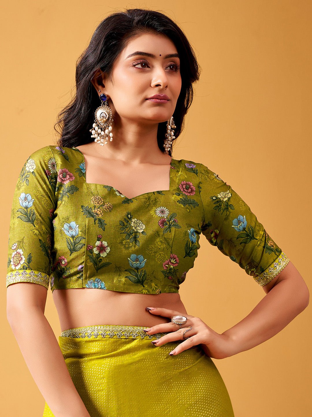 Mehndi Green Silk Saree with Floral Printed Blouse - Ressa