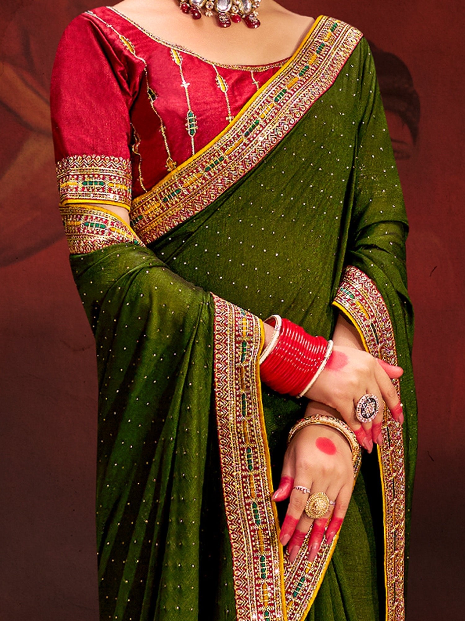 Mehndi Green Silk Saree with Red Embroidered Blouse - Ressa