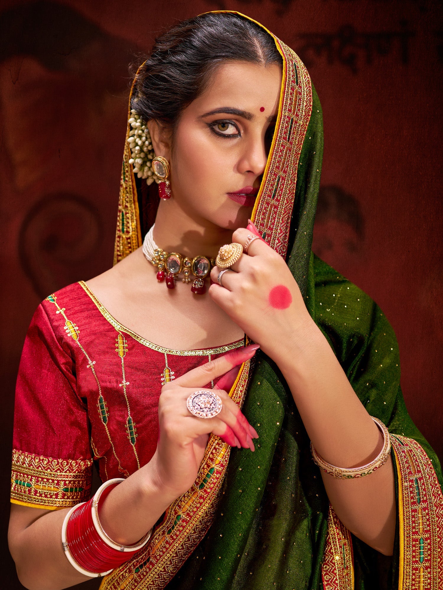 Mehndi Green Silk Saree with Red Embroidered Blouse - Ressa