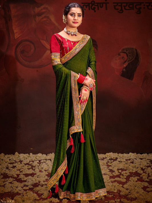 Mehndi Green Silk Saree with Red Embroidered Blouse - Ressa