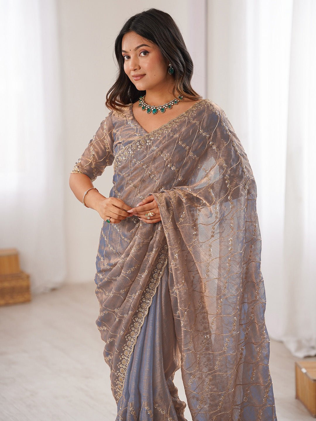 Metalic Blue Chiffon Emblished Party Wear Saree - Ressa