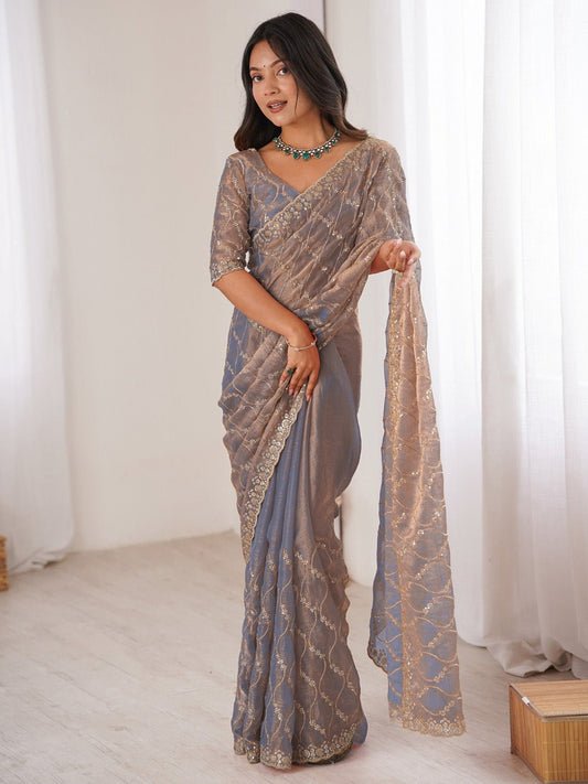 Metalic Blue Chiffon Emblished Party Wear Saree - Ressa