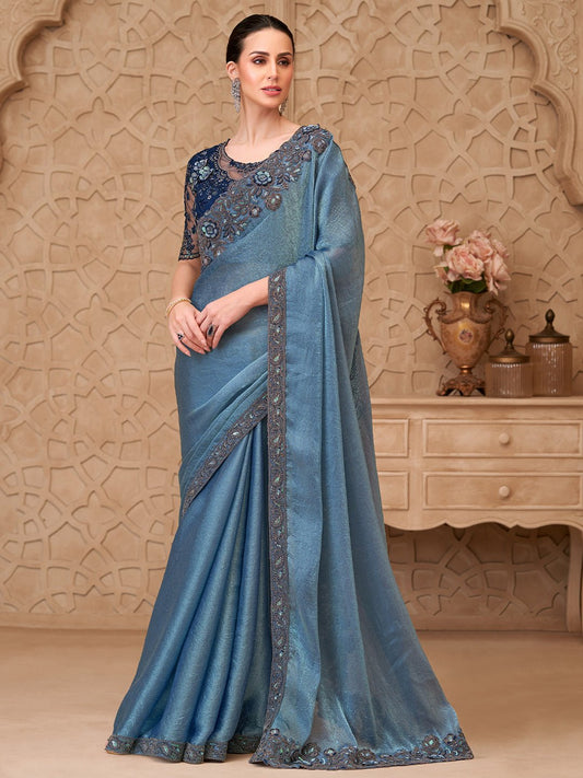 Metalic Blue Georgette Party Wear Saree - Ressa
