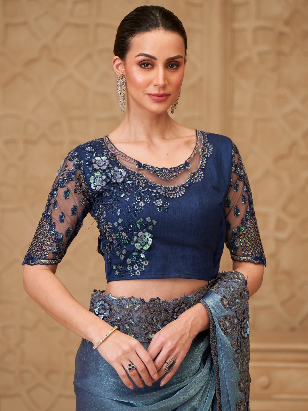 Metalic Blue Georgette Party Wear Saree - Ressa