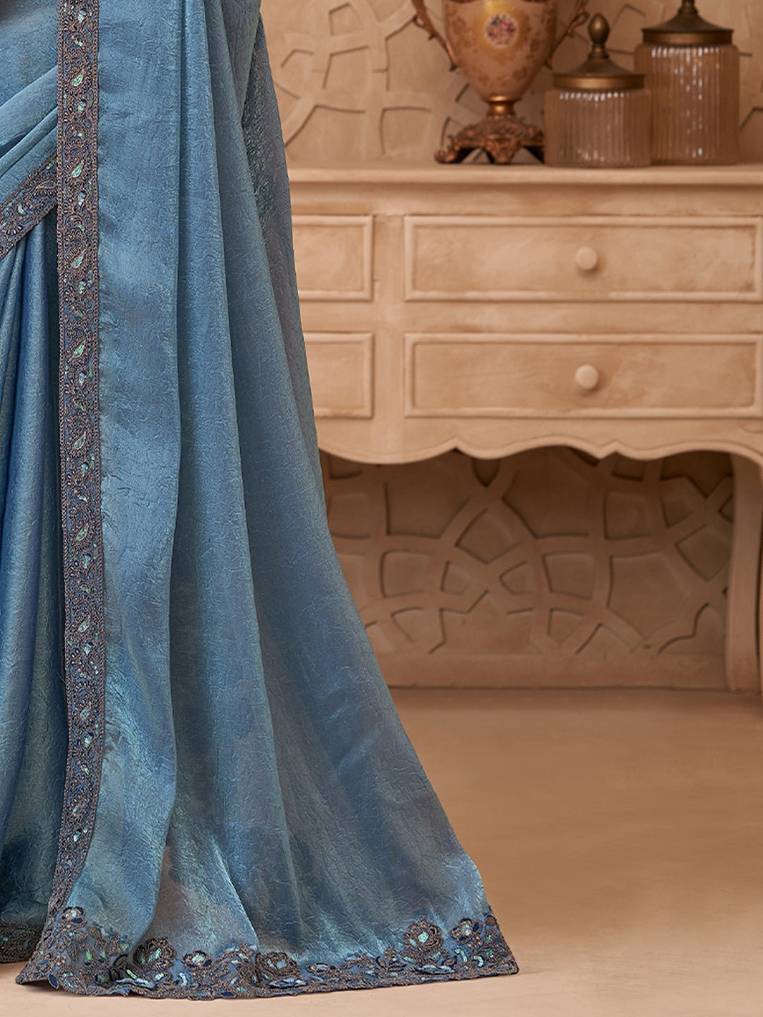 Metalic Blue Georgette Party Wear Saree - Ressa