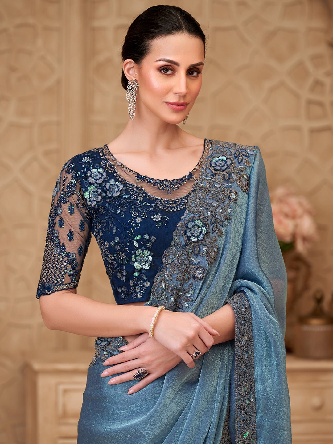 Metalic Blue Georgette Party Wear Saree - Ressa