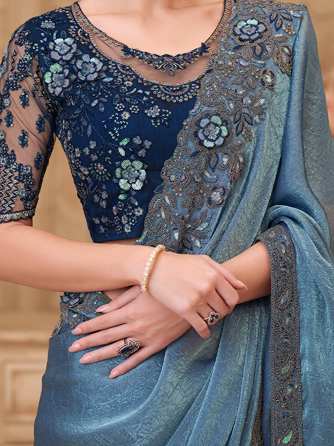 Metalic Blue Georgette Party Wear Saree - Ressa
