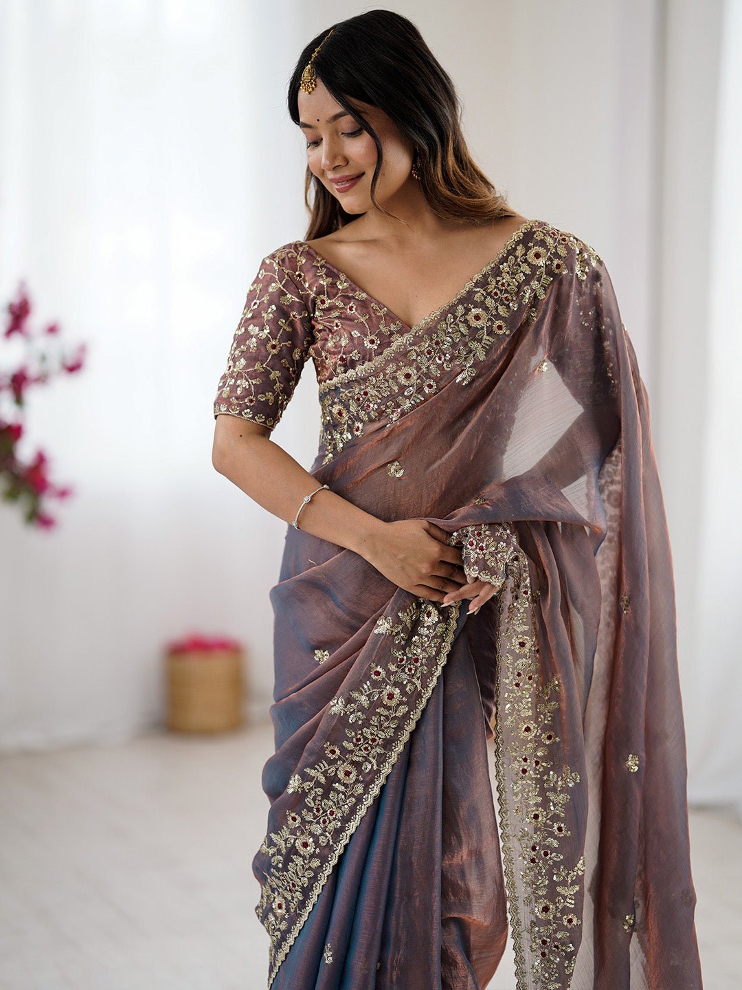 Metalic Chiffon Emblished Party Wear Saree - Ressa
