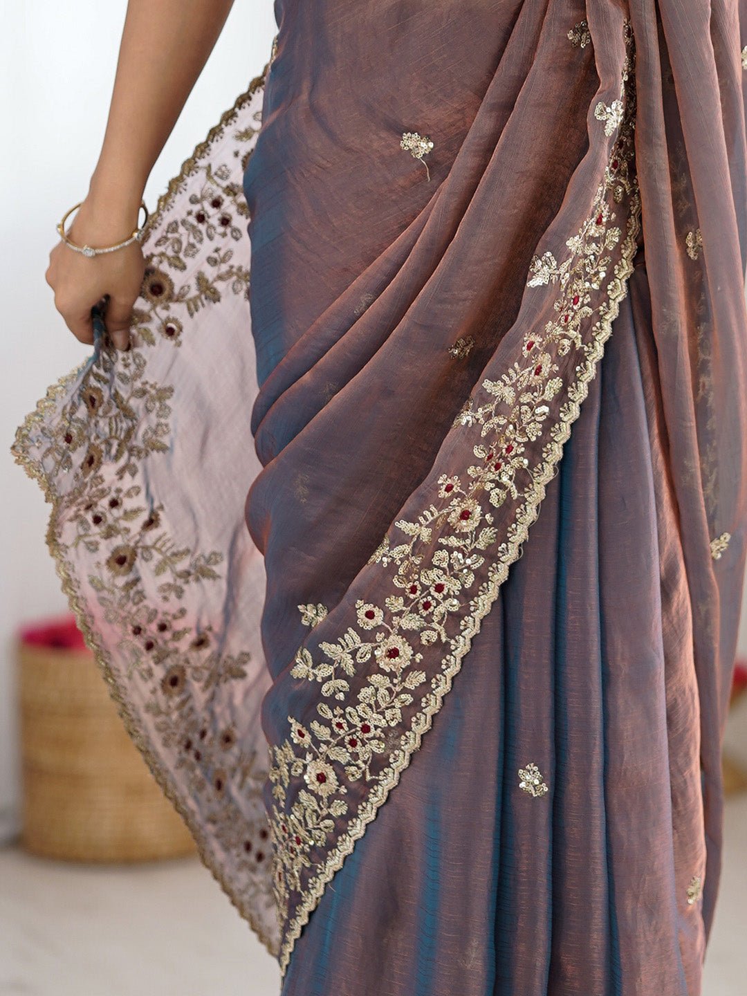 Metalic Chiffon Emblished Party Wear Saree - Ressa
