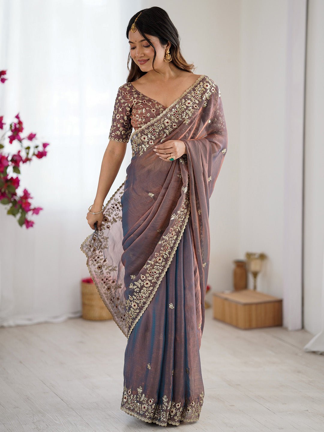 Metalic Chiffon Emblished Party Wear Saree - Ressa